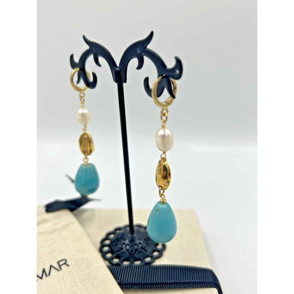 Mayamar Gold Plated Faux Pearls and Faux Turquoise Stone Drop Earrings - Picture 5 of 5